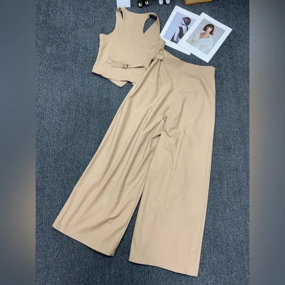 Miu Miu Beige Vest & Wide Leg Pants Two Piece Set - Picture 2 of 6
